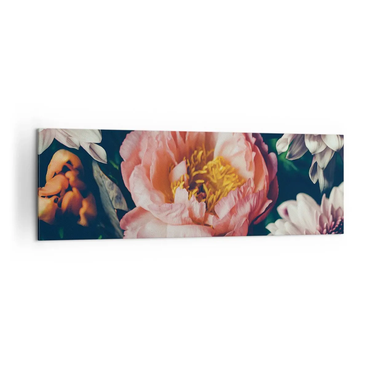Cuadro sobre lienzo - Impresión de Imagen - Arreglo floral con peonías y crisantemos sobre fondo oscuro. - 160x50cm - Con esplendor barroco - Decoración de pared moderna para salón y dormitorio ARTTOR