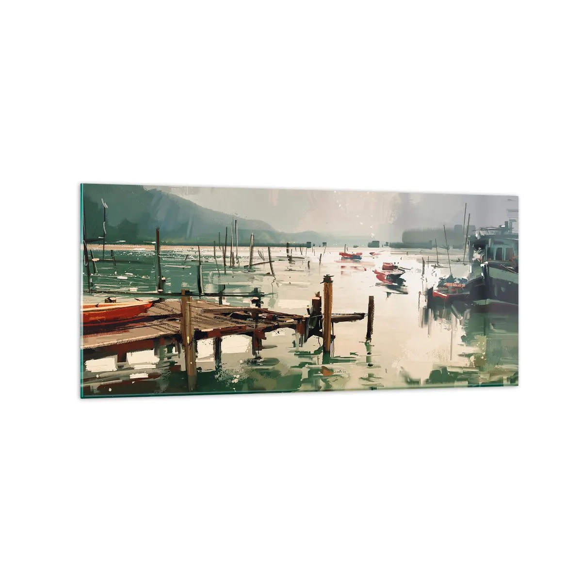 Cuadro sobre vidrio - Impresiones sobre Vidrio - Un puerto pintoresco con barcos en aguas tranquilas. - 120x50cm - Empapado en la luna fundida - Decoración de pared moderna para salón y dormitorio ARTTOR