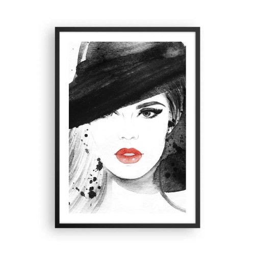 Póster en marco negro - Retrato de una mujer con sombrero y labios rojos - 50x70cm - Dama de negro - Decoración de pared moderna para salón y dormitorio ARTTOR