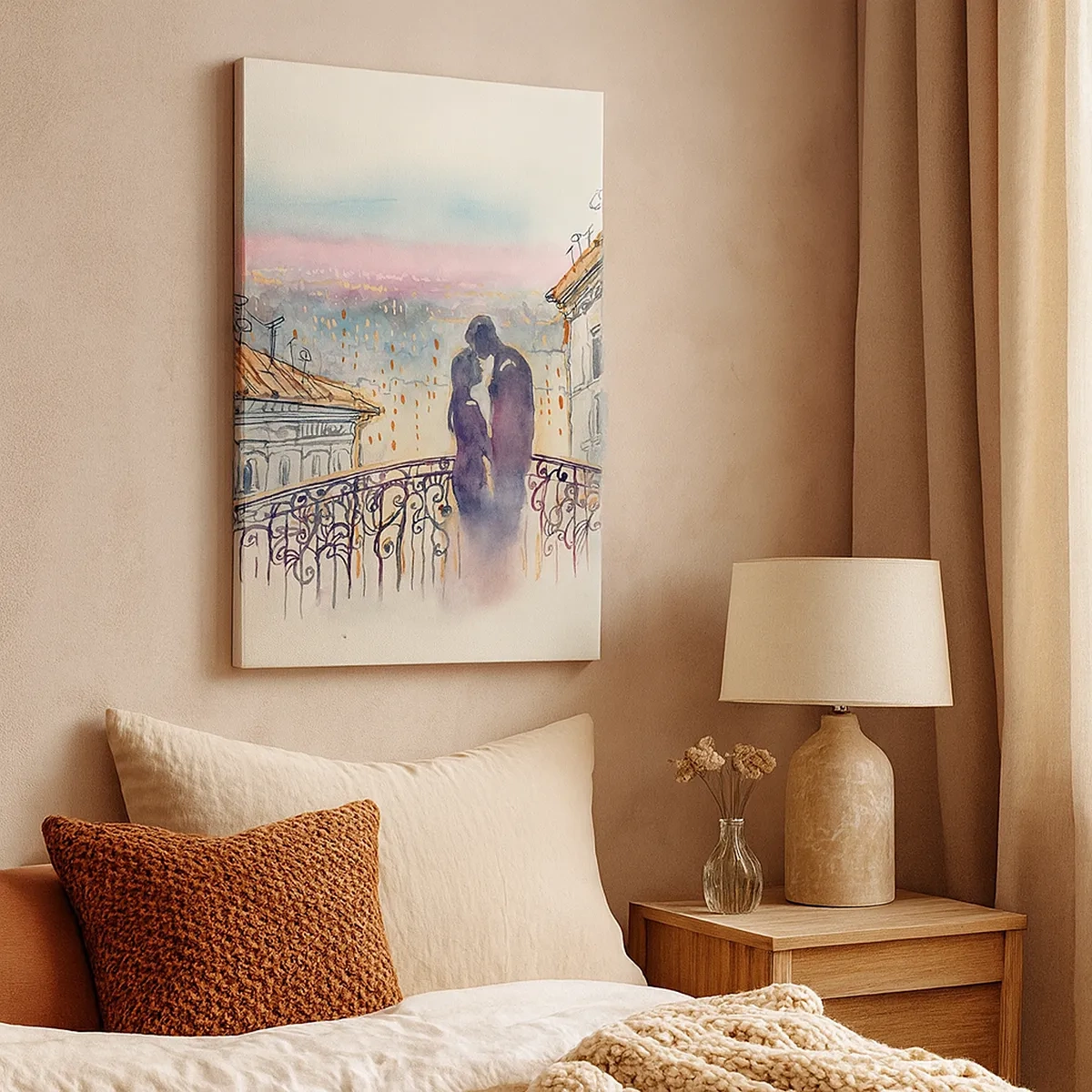 Cuadro sobre lienzo - Impresión de Imagen - Pareja romántica en un balcón con vistas a la ciudad. - 50x70cm - Los amantes de París - Decoración de pared moderna para salón y dormitorio ARTTOR