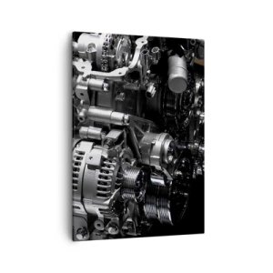Cuadro sobre lienzo - Impresión de Imagen - Primer plano de piezas metálicas del motor sobre un fondo negro - 50x70cm - Acero, hermoso, fuerte - Decoración de pared moderna para salón y dormitorio ARTTOR