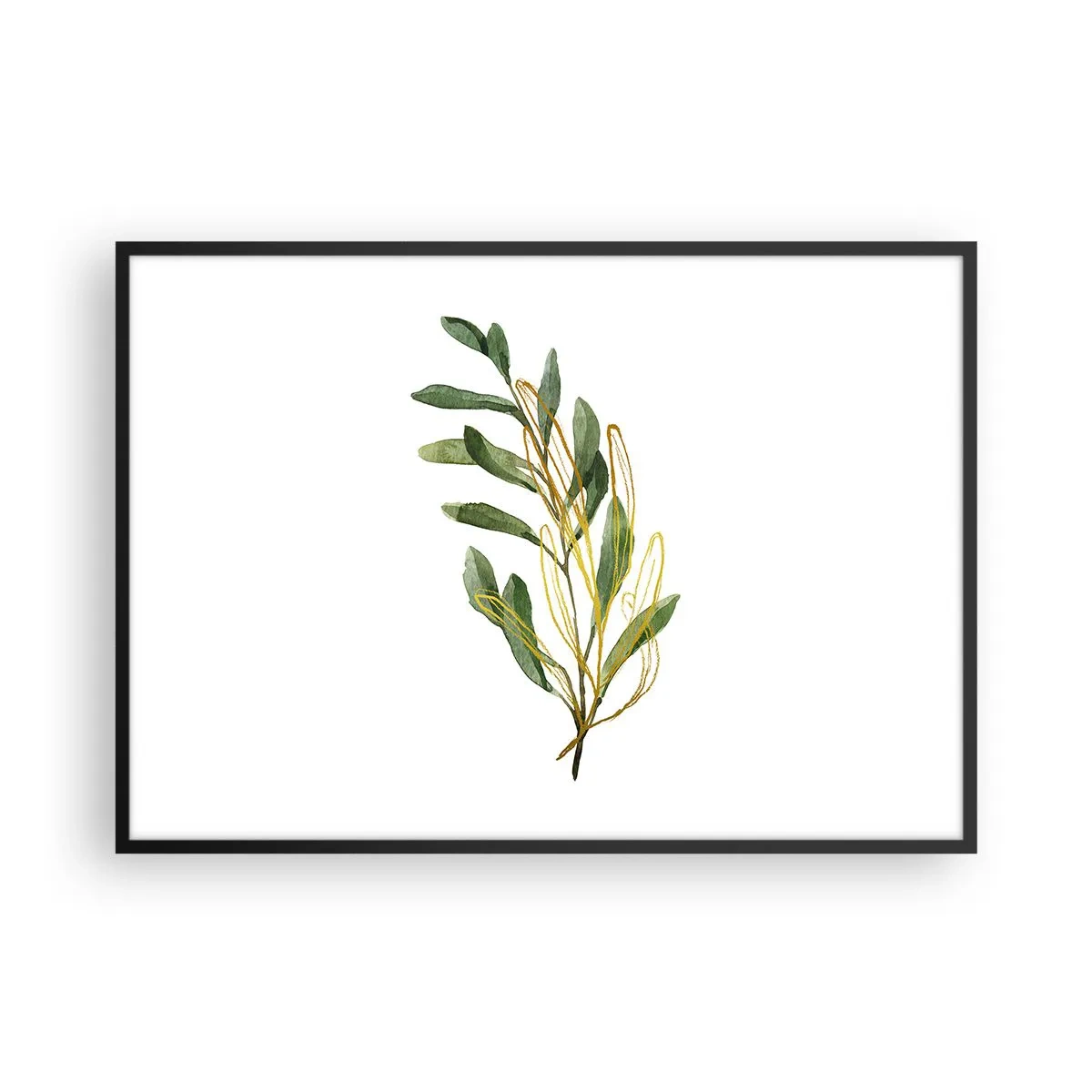 Póster en marco negro - Rama verde con hojas sobre fondo blanco. - 100x70cm - La vida se abre camino - Decoración de pared moderna para salón y dormitorio ARTTOR