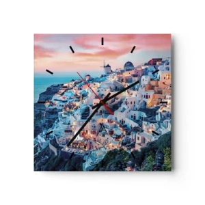 Reloj de pared - Reloj de vidrio - Santorini al atardecer con edificios blancos en la colina - 30x30cm - Vacaciones en Grecia - Decoración de pared moderna para salón y dormitorio ARTTOR