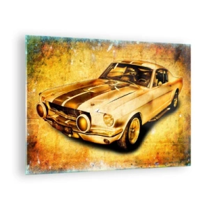Cuadro sobre vidrio - Impresiones sobre Vidrio - Coche deportivo clásico con fondo vintage. - 70x50cm - Los locos años 70. - Decoración de pared moderna para salón y dormitorio ARTTOR