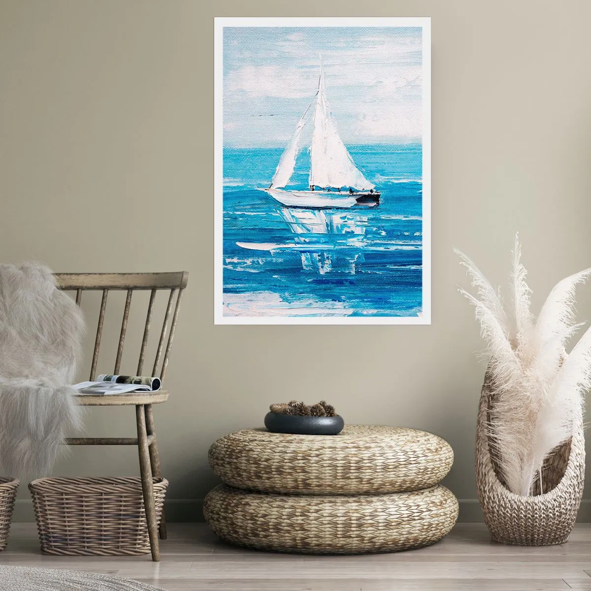 Póster - Un yate en el mar en tonos azules. - 50x70cm - Con un amigo a tu lado - Decoración de pared moderna para salón y dormitorio ARTTOR