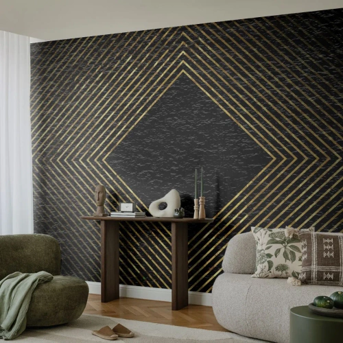 Fotomural Premium Sand - Líneas doradas que forman un rombo sobre un fondo negro. - 100x70cm - Geometría al estilo glamour - Decoración de pared moderna para salón y dormitorio ARTTOR