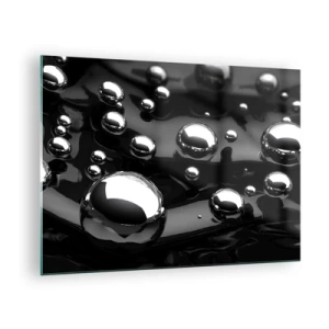 Cuadro sobre vidrio - Impresiones sobre Vidrio - Gotas metálicas sobre una superficie negra - 70x50cm - De las negras profundidades - Decoración de pared moderna para salón y dormitorio ARTTOR