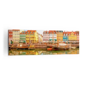 Cuadro sobre lienzo - Impresión de Imagen - Casas coloridas en los canales de Copenhague - 160x50cm - Sobre el agua tan suave como un espejo - Decoración de pared moderna para salón y dormitorio ARTTOR