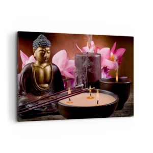 Cuadro sobre lienzo - Impresión de Imagen - Figura de Buda con velas encendidas y varillas de incienso. - 100x70cm - Despejar la mente, calmar el cuerpo - Decoración de pared moderna para salón y dormitorio ARTTOR