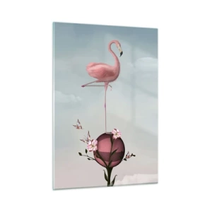 Cuadro sobre vidrio - Impresiones sobre Vidrio - Un flamenco rosa de pie sobre una bola decorativa con flores y mariposas. - 50x70cm - Alegoría del baloncesto - Decoración de pared moderna para salón y dormitorio ARTTOR