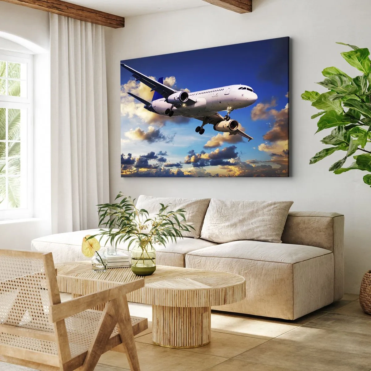 Cuadro sobre lienzo - Impresión de Imagen - Un avión de pasajeros contra las nubes al atardecer. - 70x50cm - Un viaje en blanco y azul - Decoración de pared moderna para salón y dormitorio ARTTOR