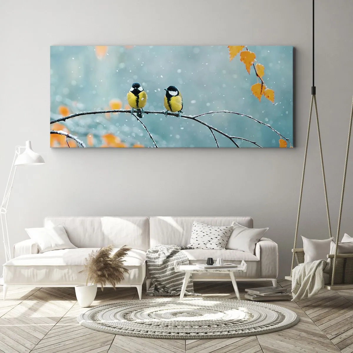 Cuadro sobre lienzo - Impresión de Imagen - Dos pájaros en una rama en un entorno invernal con hojas amarillas. - 140x50cm - Cotilleo de pájaros - Decoración de pared moderna para salón y dormitorio ARTTOR