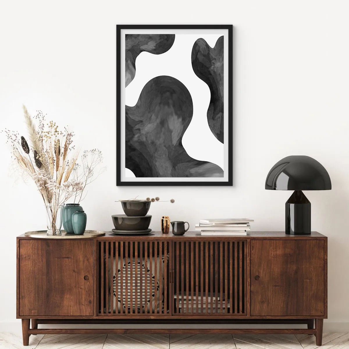 Póster en marco negro - El blanco fluye sobre el negro - 70x100 cm