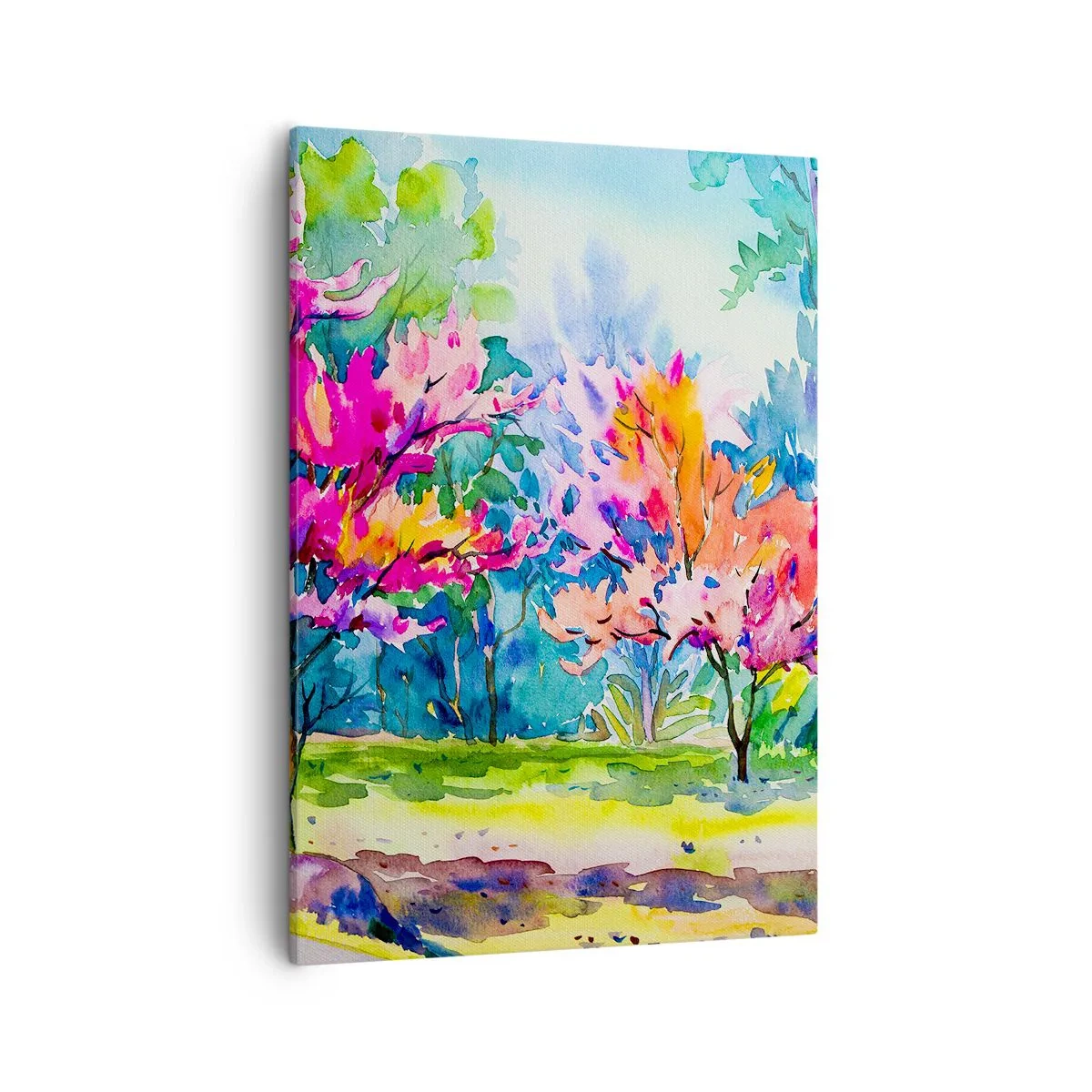 Cuadro sobre lienzo - Impresión de Imagen - Árboles coloridos en un parque en estilo acuarela. - 50x70cm - Un jardín de arco iris en el esplendor de la primavera - Decoración de pared moderna para salón y dormitorio ARTTOR