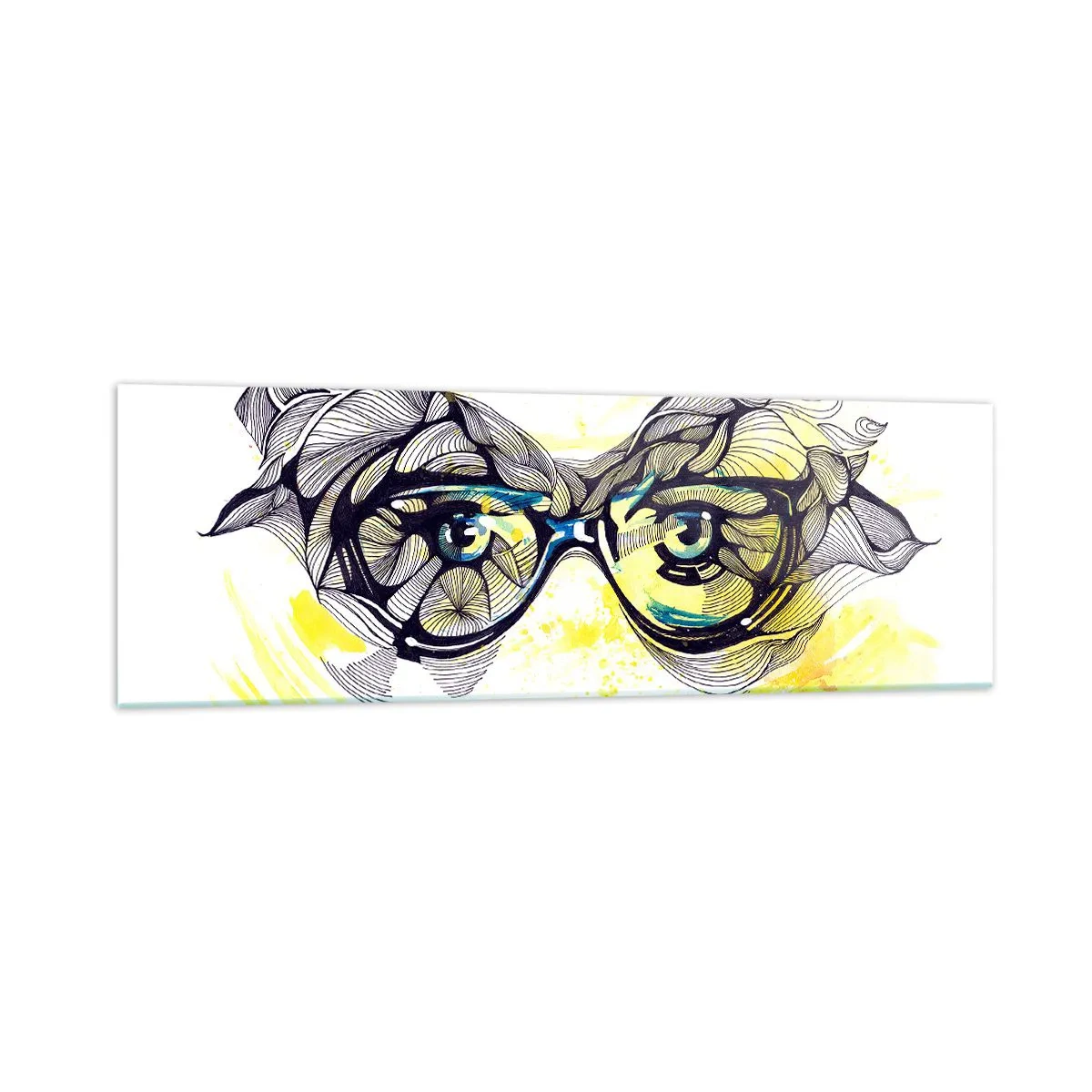 Cuadro sobre vidrio - Impresiones sobre Vidrio - Gráficos artísticos de gafas con ojos expresivos. - 160x50cm - A través de las gafas azules - Decoración de pared moderna para salón y dormitorio ARTTOR