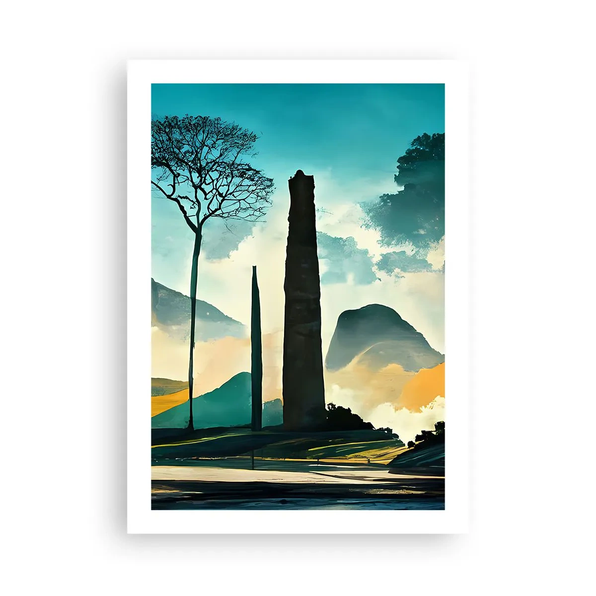 Póster - Un paisaje misterioso con obeliscos monumentales - 50x70cm - Cada vez a más altitud - Decoración de pared moderna para salón y dormitorio ARTTOR