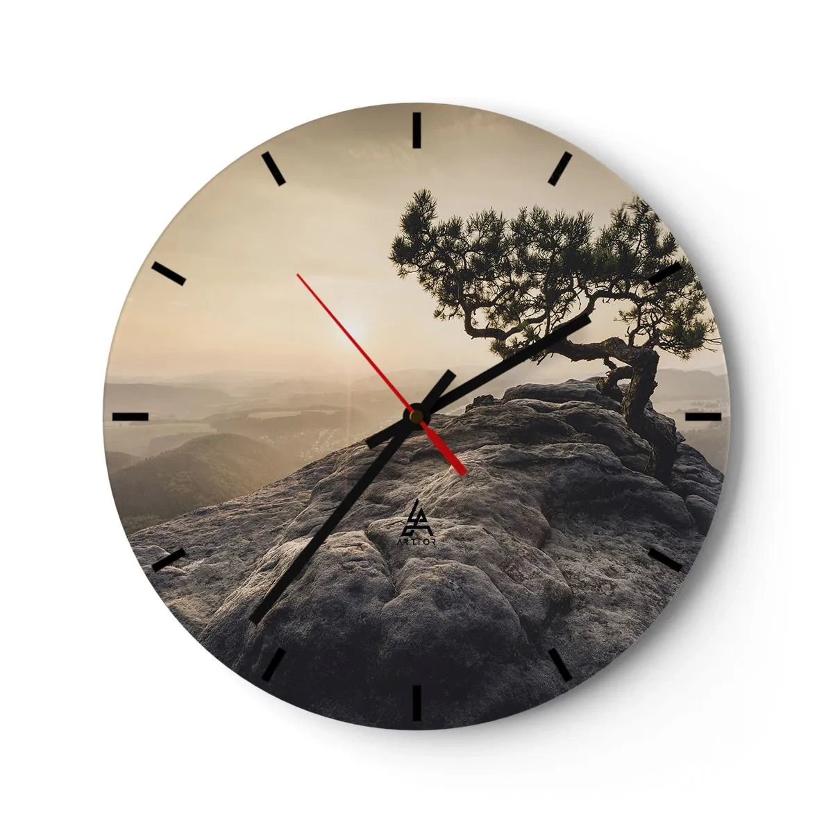 Reloj de pared - Reloj de vidrio - Un árbol solitario en una roca durante la puesta de sol. - 30x30cm - La vida se abre camino - Decoración de pared moderna para salón, cocina y dormitorio ARTTOR