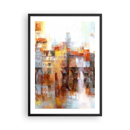 Póster en marco negro - Un pueblo pintoresco con un puente de estilo artístico. - 50x70cm - Puente y ciudad - Decoración de pared moderna para salón y dormitorio ARTTOR