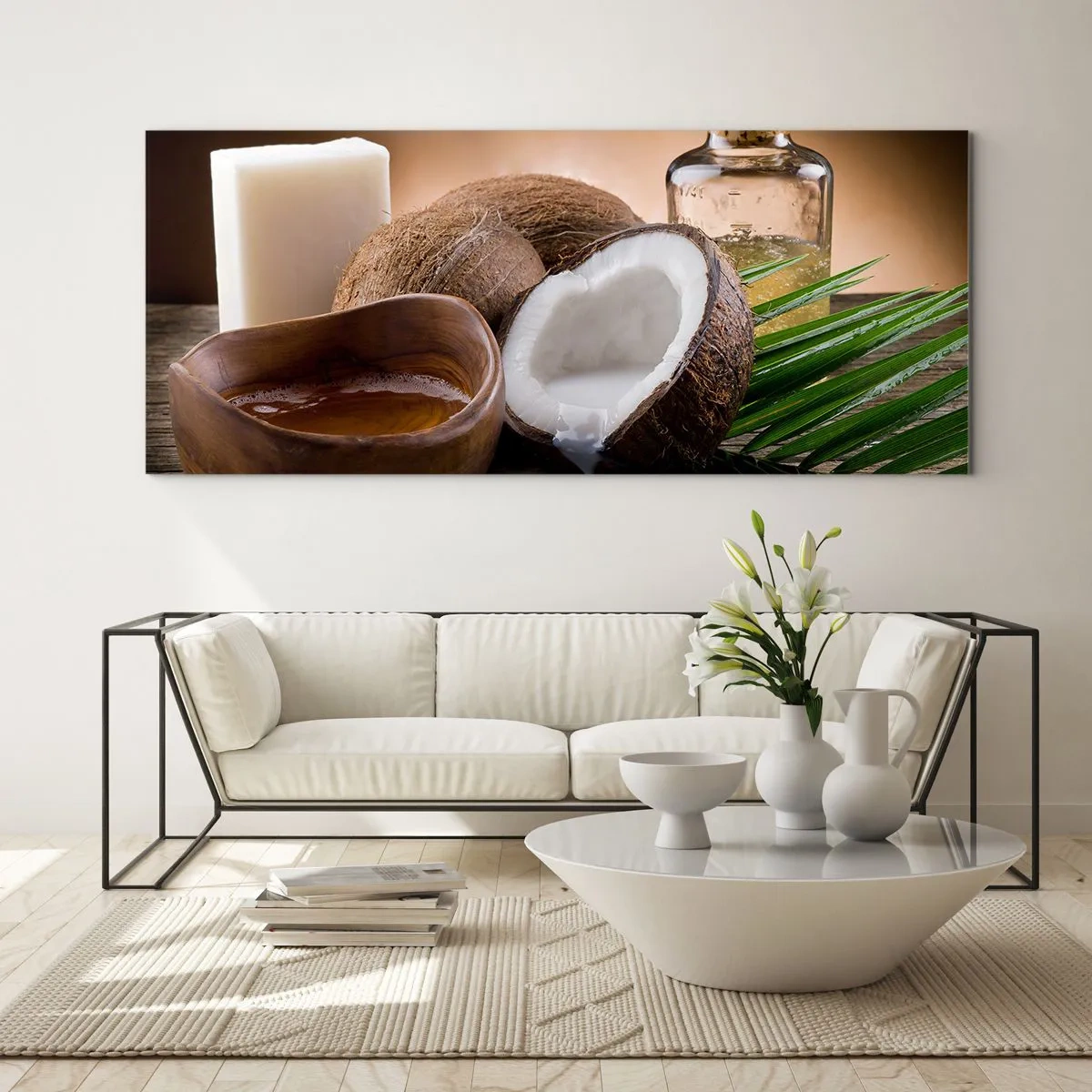 Cuadro sobre vidrio - Impresiones sobre Vidrio - Cocos, vela y aceite sobre fondo de madera. - 120x50cm - Salud de las islas tropicales - Decoración de pared moderna para salón y dormitorio ARTTOR