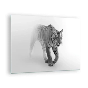 Cuadro sobre vidrio - Impresiones sobre Vidrio - Un tigre caminando a través de la niebla, con un sutil desenfoque en el fondo. - 70x50cm - Siempre alerta entre la niebla - Decoración de pared moderna para salón y dormitorio ARTTOR