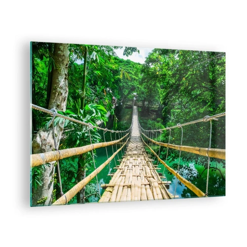 Cuadro sobre vidrio - Impresiones sobre Vidrio - Un puente colgante de bambú entre la vegetación tropical sobre un río. - 70x50cm - Puente colgante sobre la vegetación - Decoración de pared moderna para salón y dormitorio ARTTOR
