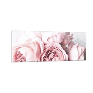Cuadro sobre vidrio - Impresiones sobre Vidrio - Peonías rosas en una luz suave sobre un fondo claro. - 140x50cm - Para los románticos - Decoración de pared moderna para salón y dormitorio ARTTOR