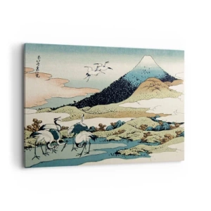 Cuadro sobre lienzo - Impresión de Imagen - Gráficos tradicionales japoneses con montañas y grúas. - 100x70cm - Alma japonesa - Decoración de pared moderna para salón y dormitorio ARTTOR