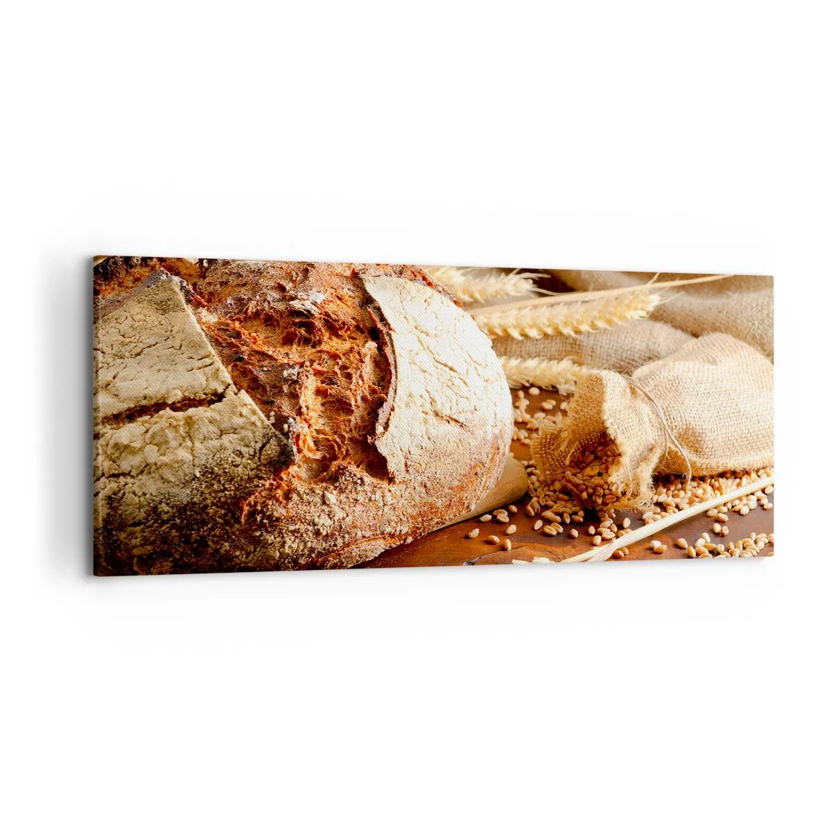 Cuadro sobre lienzo - Impresión de Imagen - Pan crujiente con cereales y espigas de trigo sobre un fondo de madera - 120x50cm - Apetitoso, fragante, crujiente - Decoración de pared moderna para salón y dormitorio ARTTOR