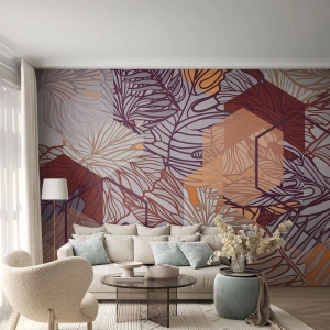 Fotomural Premium Canvas - Un patrón decorativo de hojas tropicales en tonos morado, naranja y beige. - 100x70cm - La unión imposible de la geometría y la naturaleza - Decoración de pared moderna para salón y dormitorio ARTTOR