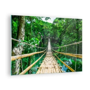 Cuadro sobre vidrio - Impresiones sobre Vidrio - Un puente colgante de bambú entre la vegetación tropical sobre un río. - 70x50cm - Puente colgante sobre la vegetación - Decoración de pared moderna para salón y dormitorio ARTTOR