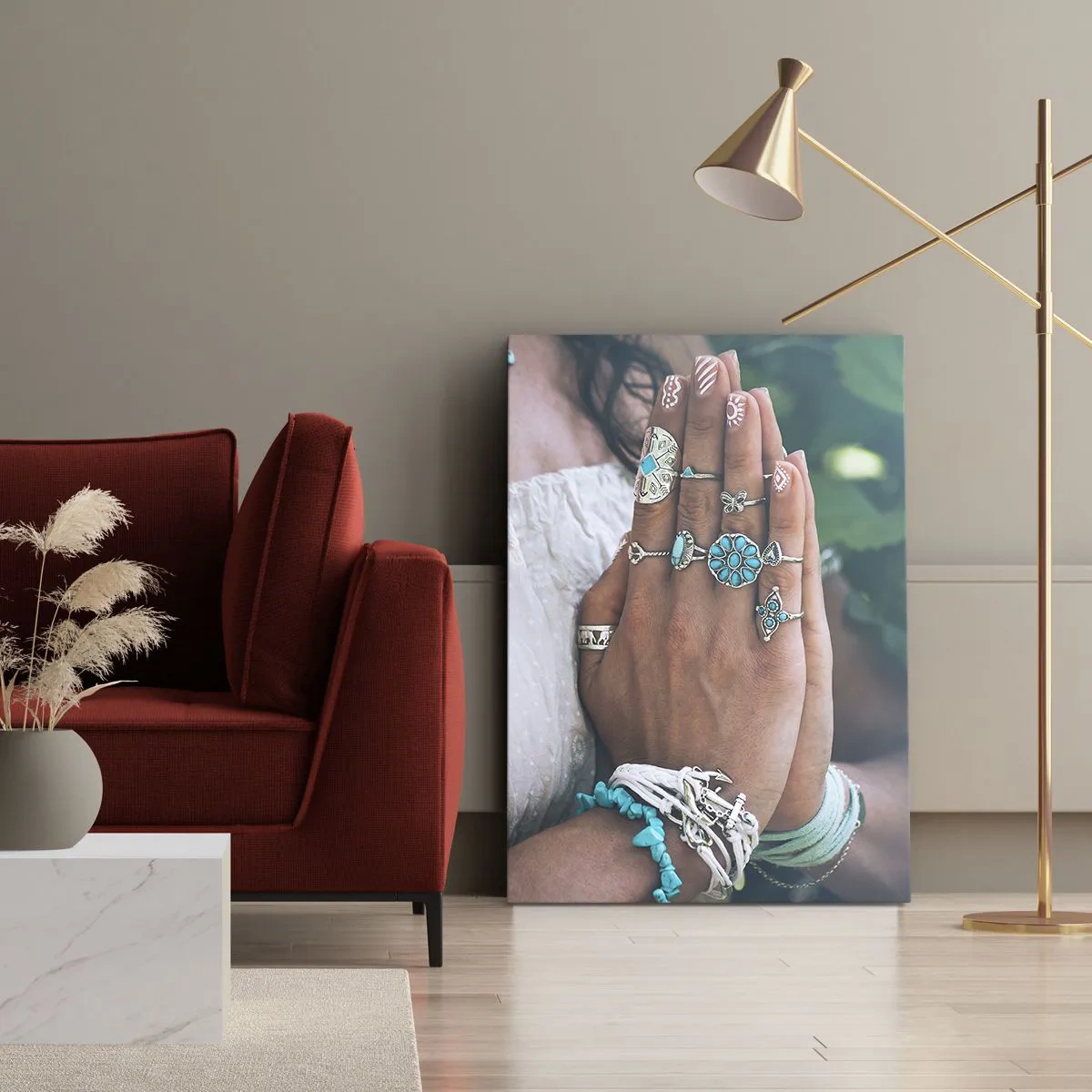 Cuadro sobre lienzo - Impresión de Imagen - Manos decoradas con joyas boho - 50x70cm - Conocimiento interior - Decoración de pared moderna para salón y dormitorio ARTTOR
