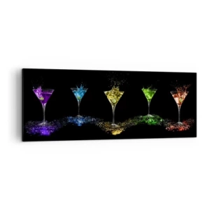 Cuadro sobre lienzo - Impresión de Imagen - Cócteles coloridos en vasos sobre un fondo negro - 140x50cm - Los colores de la alegría en una copa de cristal - Decoración de pared moderna para salón y dormitorio ARTTOR
