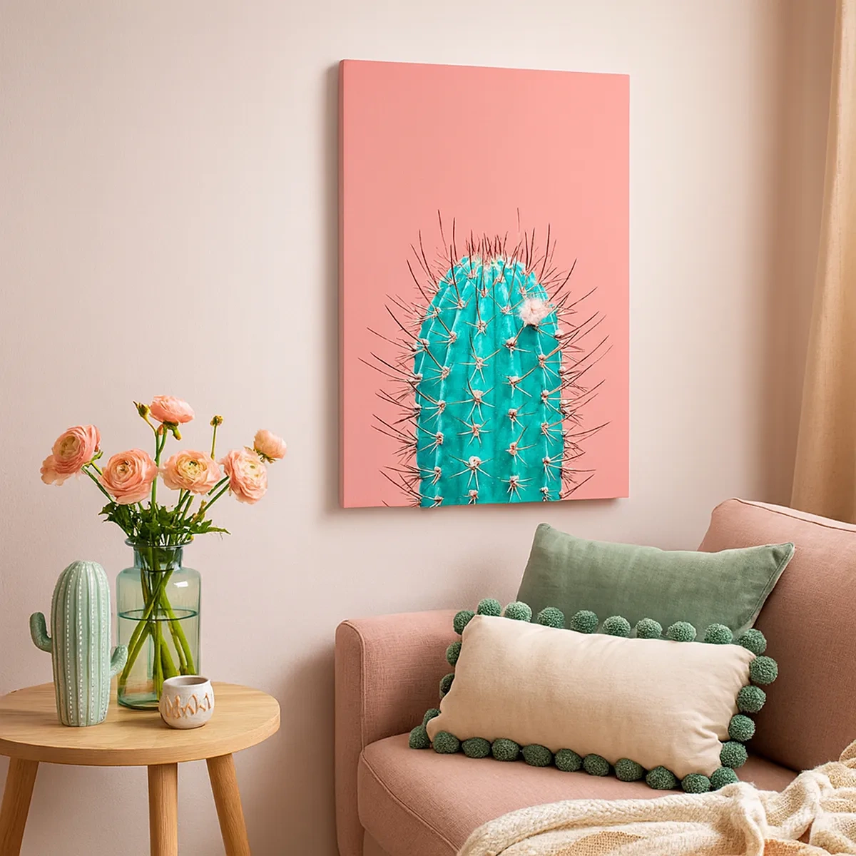 Cuadro sobre lienzo - Impresión de Imagen - Una versión artística de un cactus sobre un fondo rosa. - 50x70cm - Se mira, pero no se toca - Decoración de pared moderna para salón y dormitorio ARTTOR