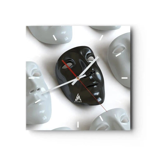 Reloj de pared - Reloj de vidrio - Máscaras en blanco y negro sobre un fondo claro - 30x30cm - ¿Cómo destacar? - Decoración de pared moderna para salón y dormitorio ARTTOR
