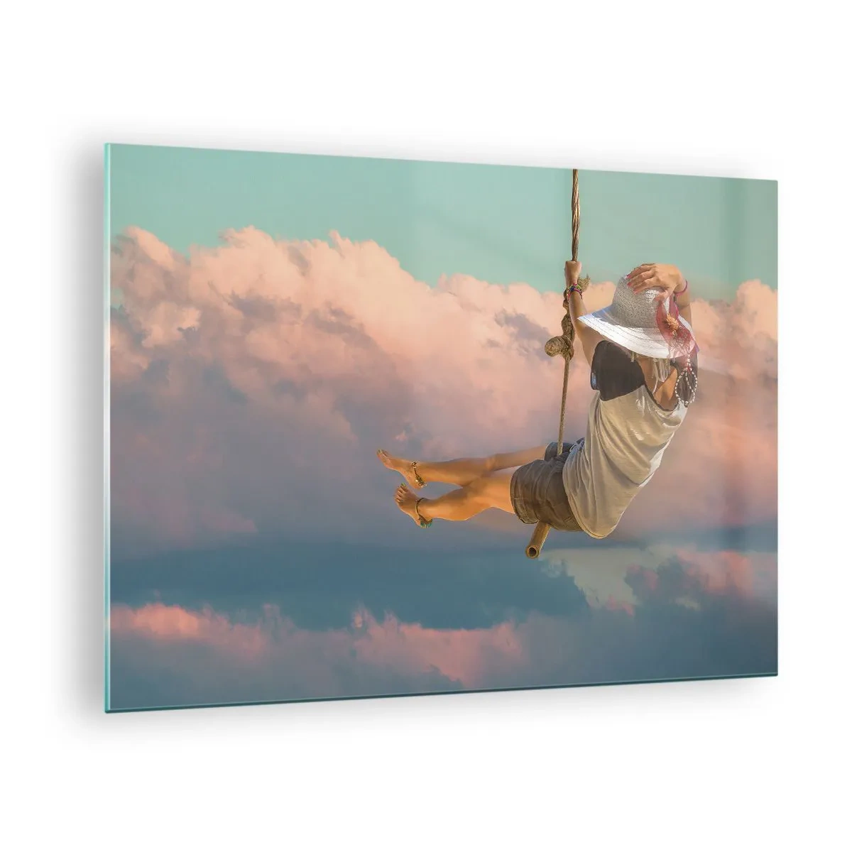 Cuadro sobre vidrio - Impresiones sobre Vidrio - Niña en un columpio entre nubes rosas - 70x50cm - Jugando en las nubes - Decoración de pared moderna para salón y dormitorio ARTTOR
