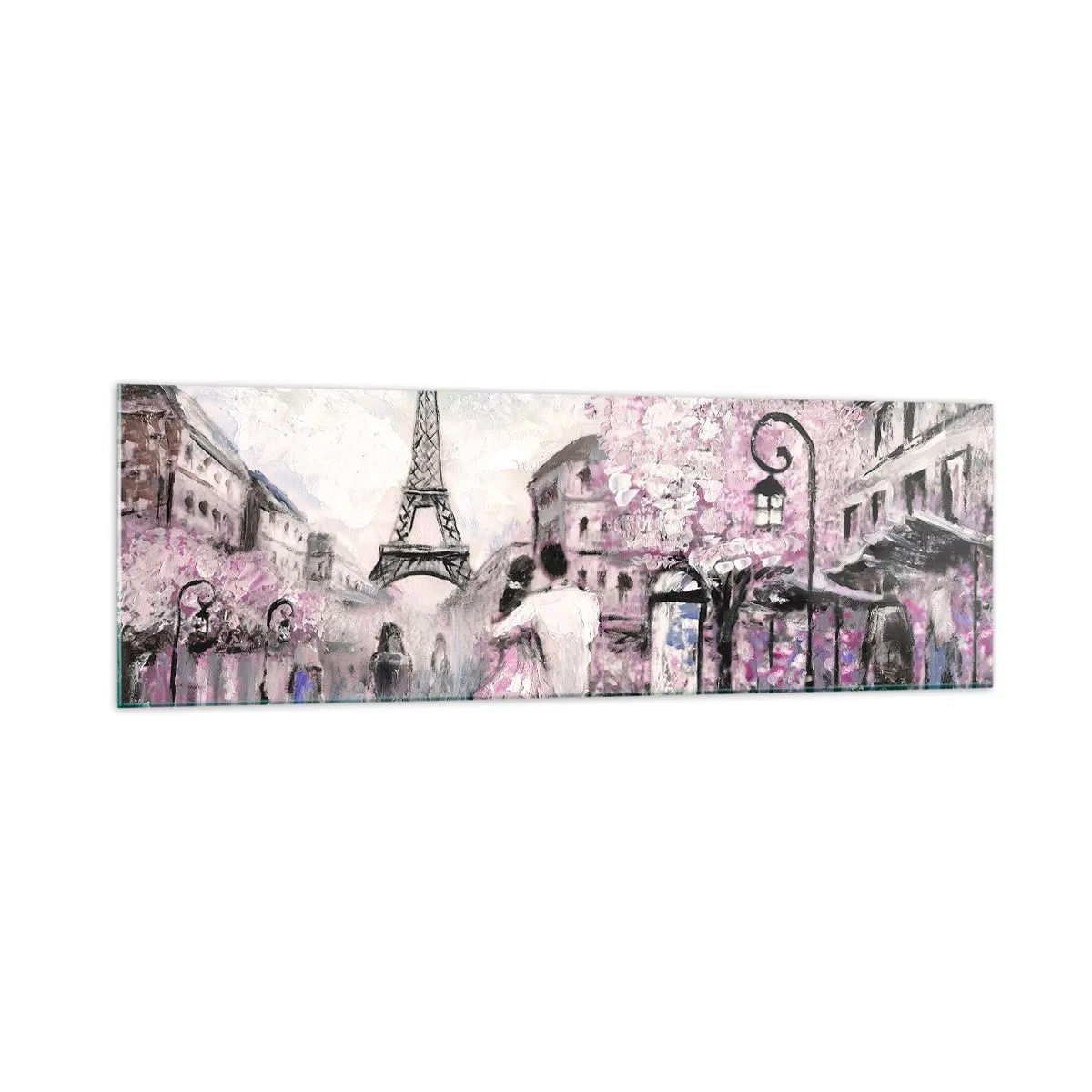Cuadro sobre vidrio - Impresiones sobre Vidrio - Un paseo romántico por París junto a la Torre Eiffel - 160x50cm - La ciudad del amor - Decoración de pared moderna para salón y dormitorio ARTTOR