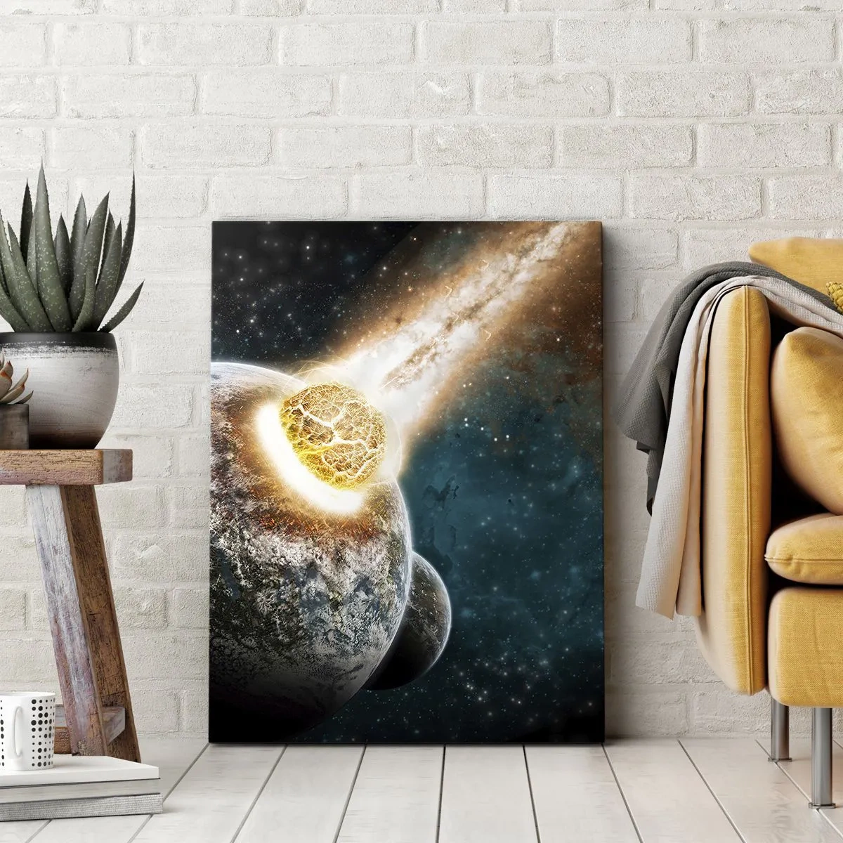 Cuadro sobre lienzo - Impresión de Imagen - Colisión cósmica de un planeta con un asteroide en las proximidades de la galaxia. - 70x100cm - ¿Condena o nacimiento? - Decoración de pared moderna para salón y dormitorio ARTTOR