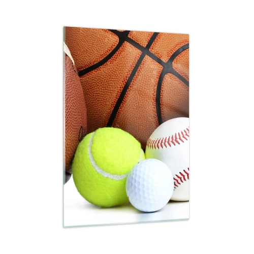 Cuadro sobre vidrio - Impresiones sobre Vidrio - Un conjunto de pelotas deportivas sobre un fondo blanco. - 50x70cm - Unidos por el deporte - Decoración de pared moderna para salón y dormitorio ARTTOR