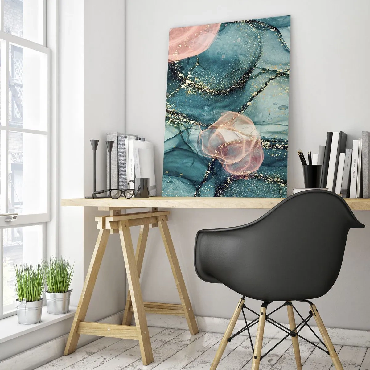 Cuadro sobre vidrio - Impresiones sobre Vidrio - Formas abstractas en azul y rosa con detalles dorados. - 50x70cm - Seda azul, tul rosa - Decoración de pared moderna para salón y dormitorio ARTTOR