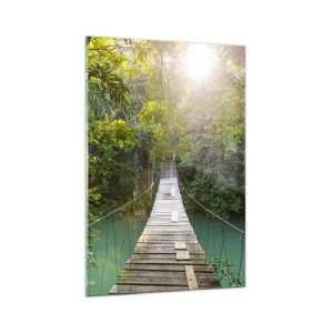 Cuadro sobre vidrio - Impresiones sobre Vidrio - Un puente colgante en un bosque tropical iluminado por la luz del sol. - 70x100cm - Sobre el agua azul hacia el bosque - Decoración de pared moderna para salón y dormitorio ARTTOR
