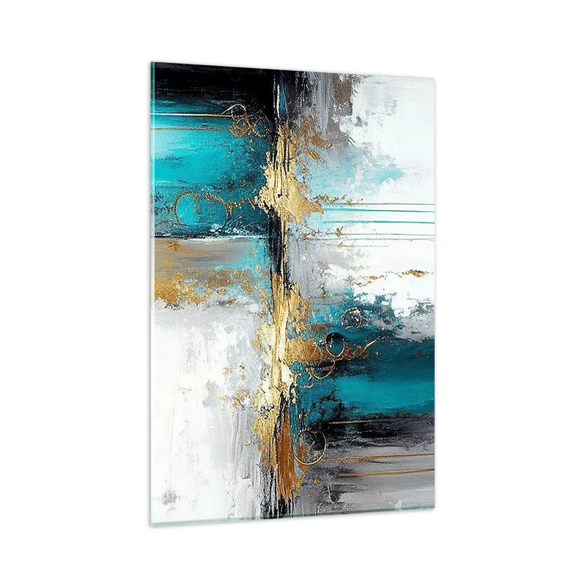 Cuadro sobre vidrio - Impresiones sobre Vidrio - Una composición abstracta con acentos turquesa y dorado. - 80x120cm - Todo fluye - Decoración de pared moderna para salón y dormitorio ARTTOR