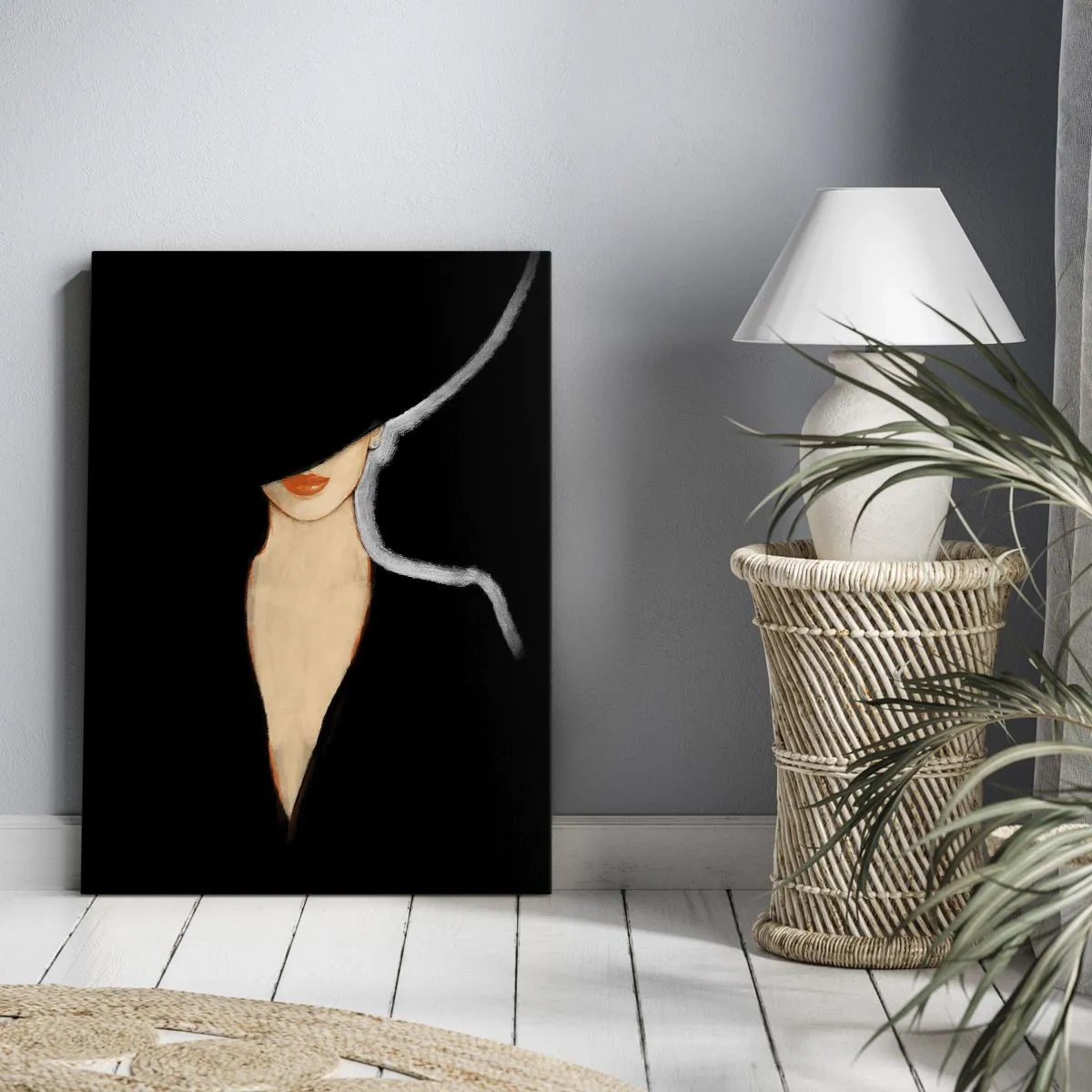 Cuadro sobre lienzo - Impresión de Imagen - Silueta de una mujer con sombrero sobre un fondo negro - 50x70cm - Elegancia y estilo - Decoración de pared moderna para salón y dormitorio ARTTOR