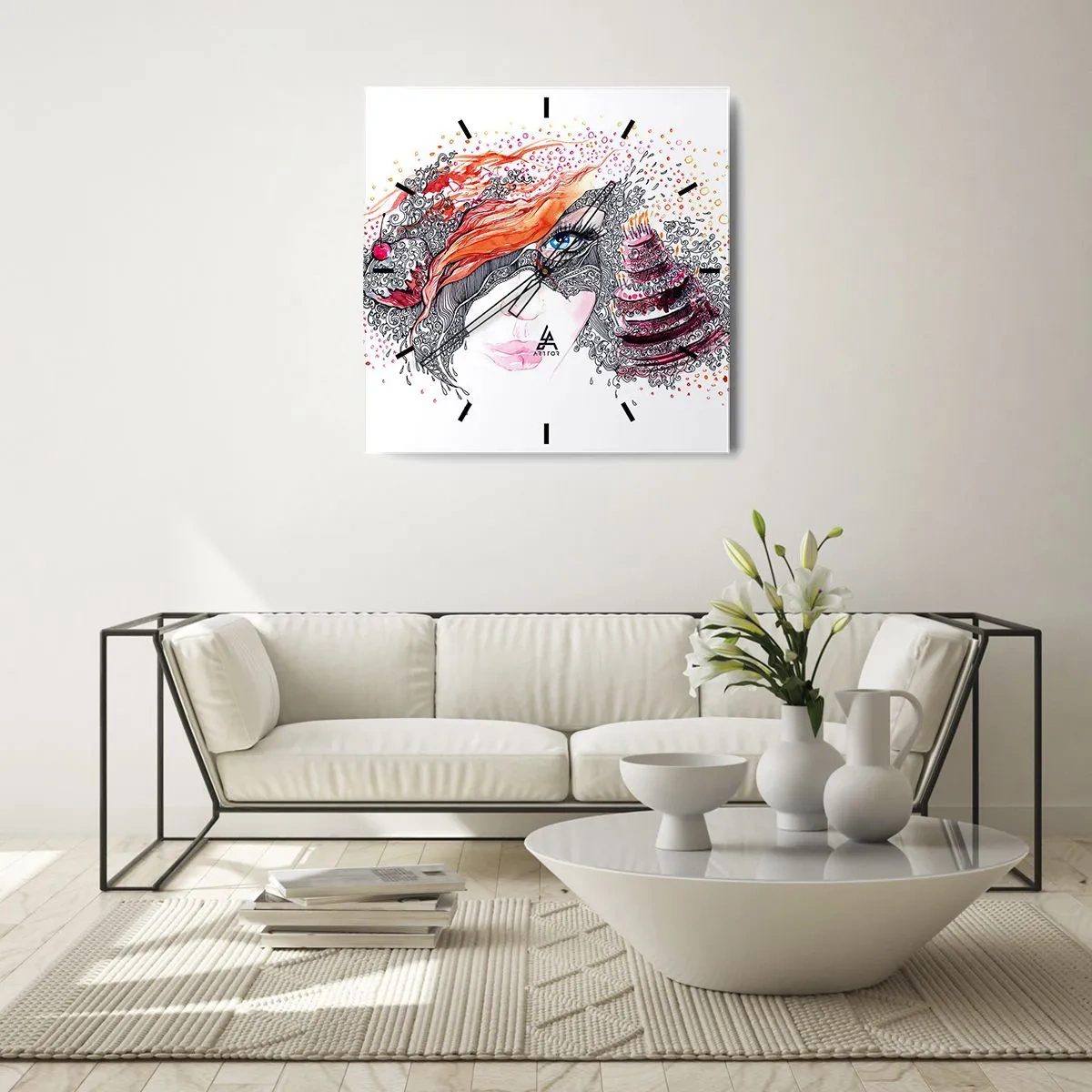 Reloj de pared - Reloj de vidrio - Retrato artístico de una mujer con detalles y acento rojo. - 30x30cm - Con ella cada día es una fiesta - Decoración de pared moderna para salón y dormitorio ARTTOR