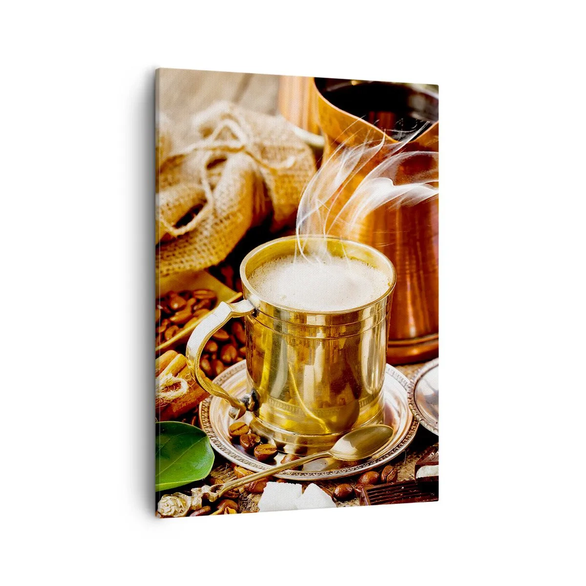 Cuadro sobre lienzo - Impresión de Imagen - Una taza de café dorada rodeada de granos, jarras y croissants. - 50x70cm - Que tengas un buen día - Decoración de pared moderna para salón y dormitorio ARTTOR