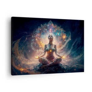 Cuadro sobre lienzo - Impresión de Imagen - Una figura meditando rodeada de patrones y colores energéticos. - 70x50cm - Flujo de buena energía - Decoración de pared moderna para salón y dormitorio ARTTOR