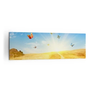 Cuadro sobre lienzo - Impresión de Imagen - Un campo dorado, un camino y mariposas contra un cielo azul. - 160x50cm - ¿Cómo no amar el verano? - Decoración de pared moderna para salón y dormitorio ARTTOR