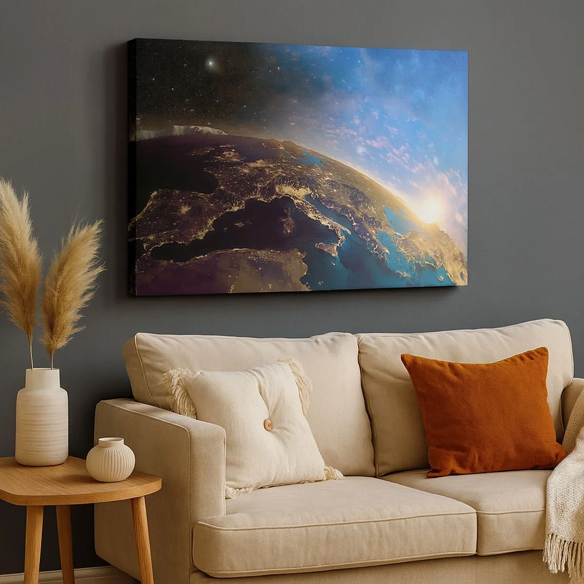 Cuadro sobre lienzo - Impresión de Imagen - Vista de la Tierra desde el espacio al amanecer - 70x50cm - Mirémonos a nosotros mismos desde la distancia - Decoración de pared moderna para salón y dormitorio ARTTOR