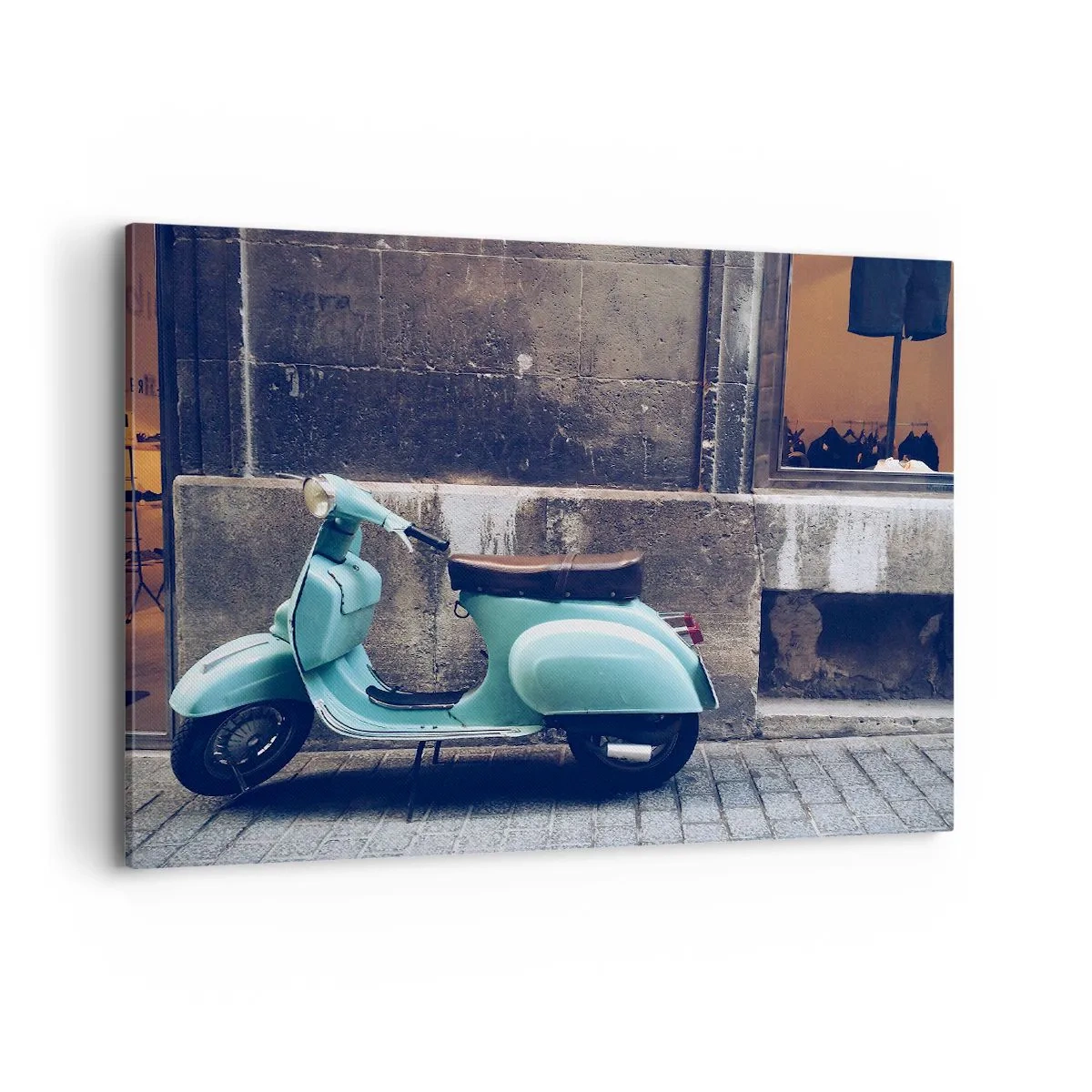 Cuadro sobre lienzo - Impresión de Imagen - Un scooter retro estacionado contra un muro de piedra. - 100x70cm - Momentos inolvidables - Decoración de pared moderna para salón y dormitorio ARTTOR