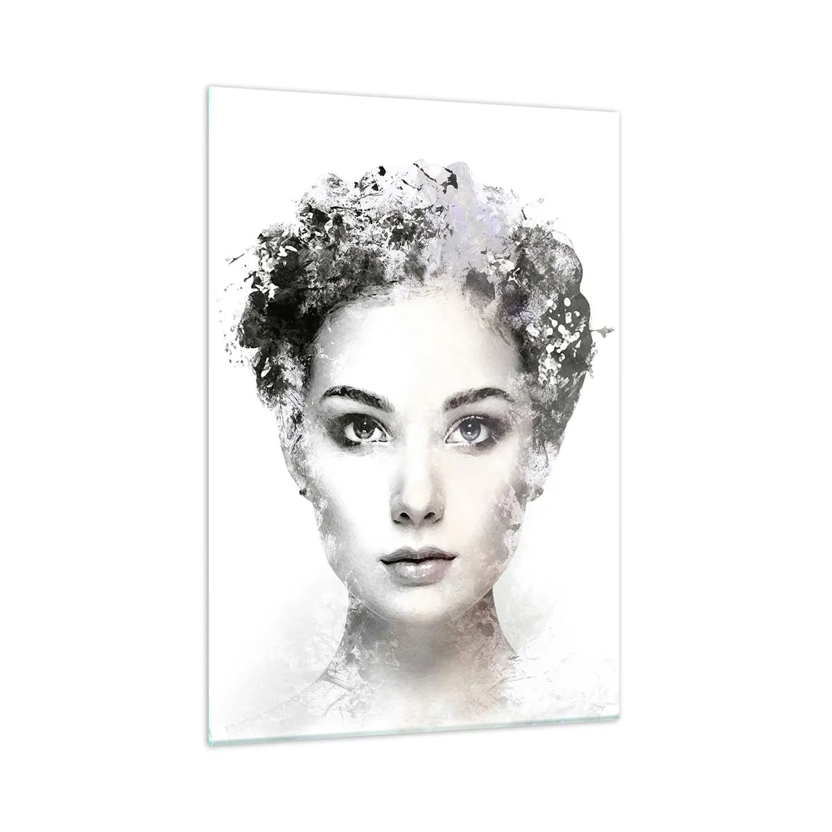 Cuadro sobre vidrio - Impresiones sobre Vidrio - Rostro de mujer en estilo acuarela sobre fondo blanco. - 50x70cm - Un retrato extremadamente elegante - Decoración de pared moderna para salón y dormitorio ARTTOR