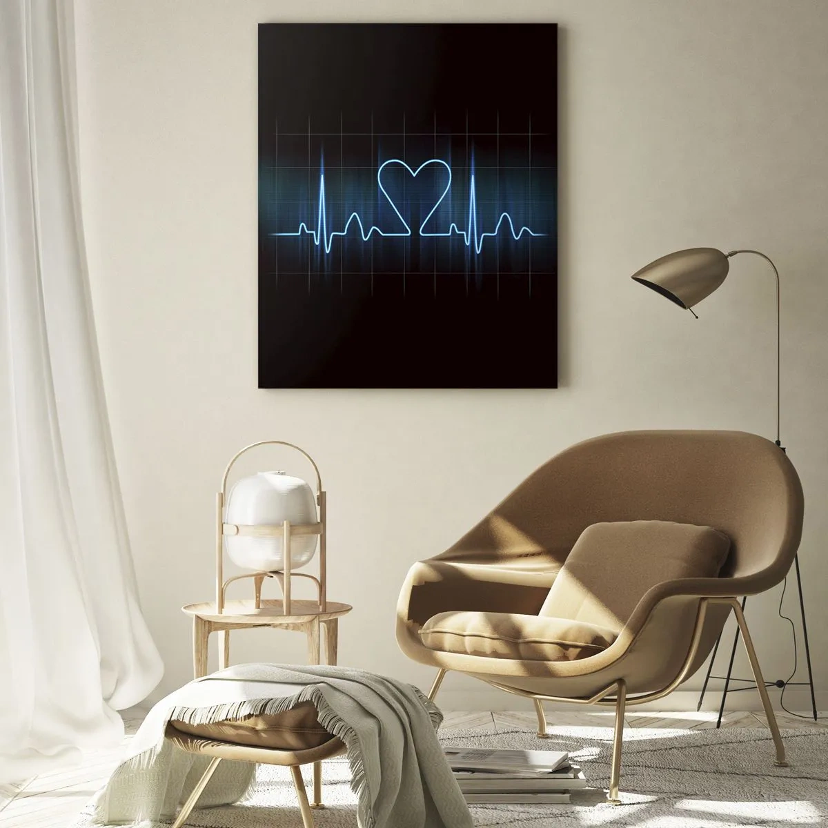 Cuadro sobre vidrio - Impresiones sobre Vidrio - Línea de vida con un corazón sobre un fondo oscuro en luz azul - 50x70cm - El ritmo del corazón - Decoración de pared moderna para salón y dormitorio ARTTOR